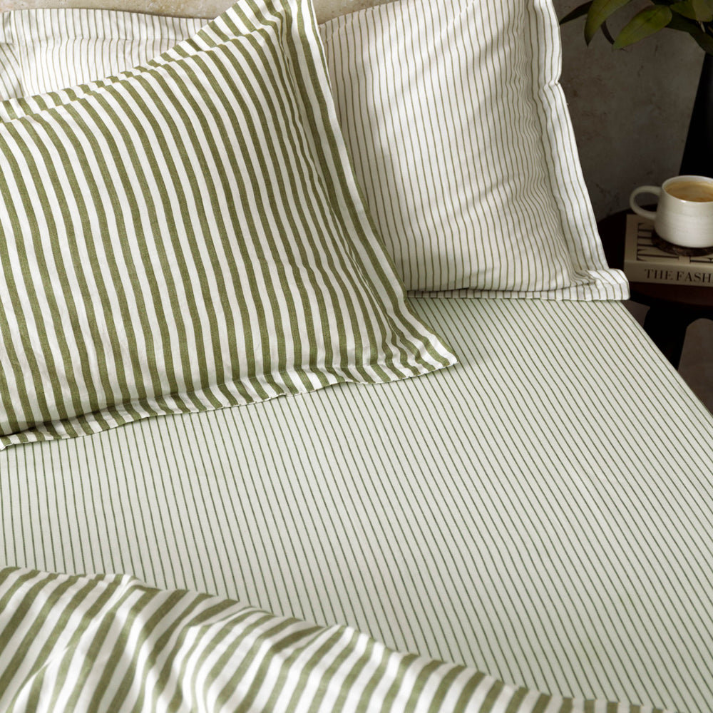 Hebden 100% Cotton Narrow Stripe Fitted Bed Sheet Olive